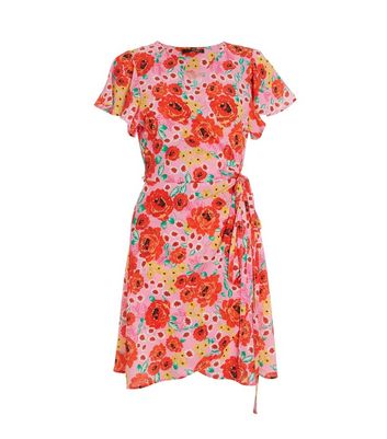 Quiz Mid Pink Floral Wrap Skater Dress New Look