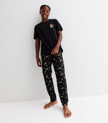 Boys Black Jogger Pyjama Set with Christmas Dinosaur Print New Look