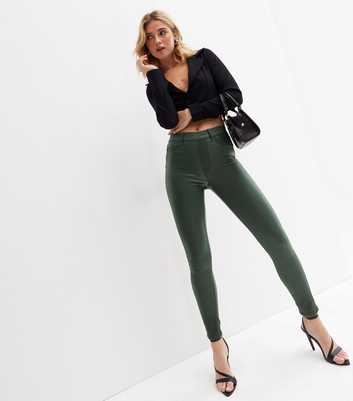 Dark Green Coated Leather-Look Mid Rise Lift & Shape Emilee Jeggings