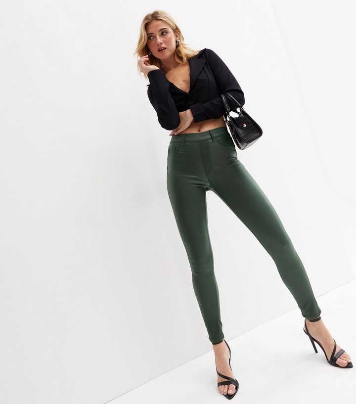 Dark Green Coated Leather-Look Mid Rise Lift & Shape Emilee