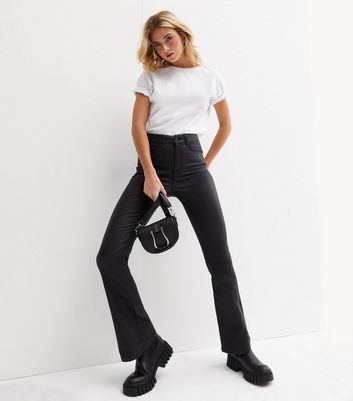 Black Coated Leather Look High Waist Flared Brooke Jeans New Look