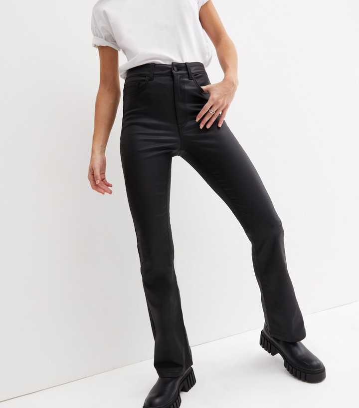 Womens Black High Waist Flared Leather Pant