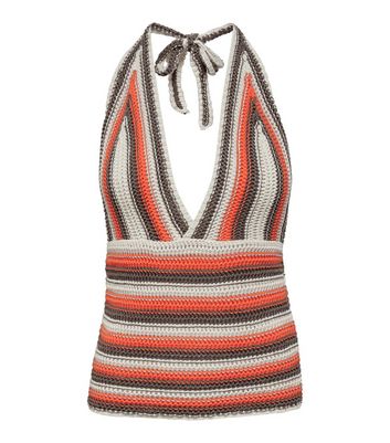 Neon Nylon Stone Stripe Crochet Halter Neck Top New Look