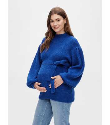 Mamalicious Maternity Blue Knitted Round Neck Long Sleeve Tie Waist Top