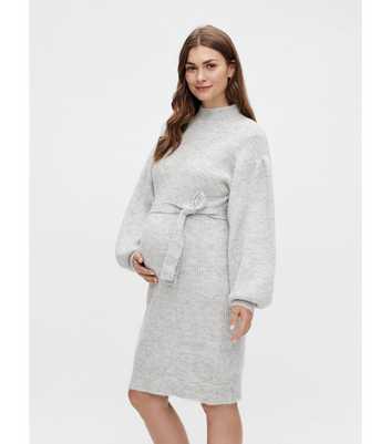 Mamalicious Maternity Pale Grey Knit High Neck Long Puff Sleeve Midi Dress