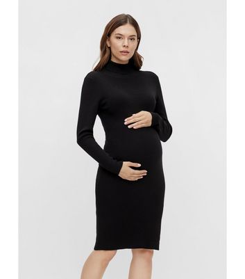 Mamalicious Women's Plus Size Maternity Black Ribbed Knit Roll Neck Midi Dress Curves New Look - XL