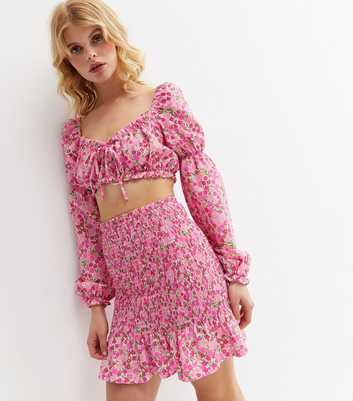 Pink Ditsy Floral Shirred Frill Mini Skirt