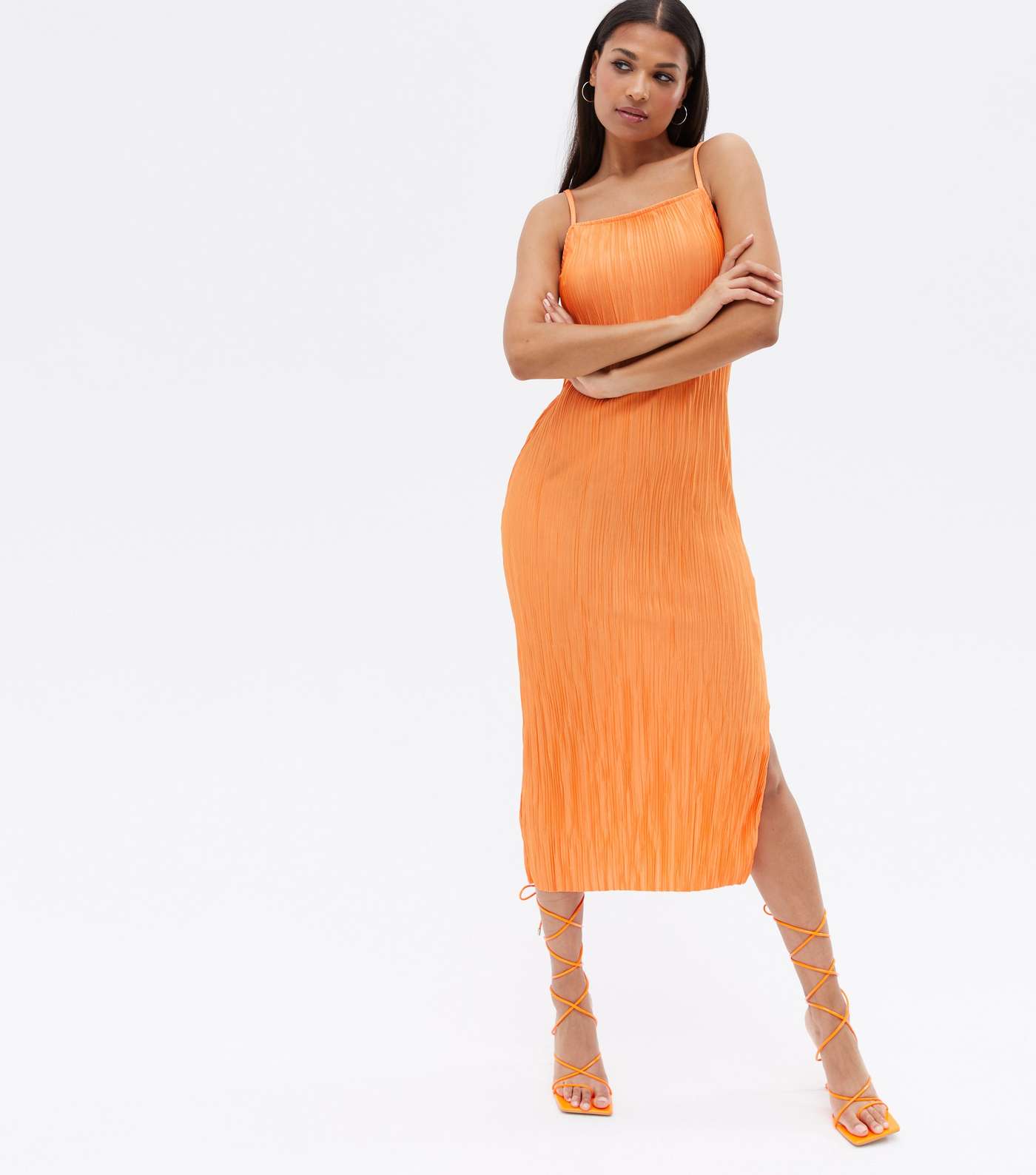 Bright Orange Pleated Satin Midi Slip Dress