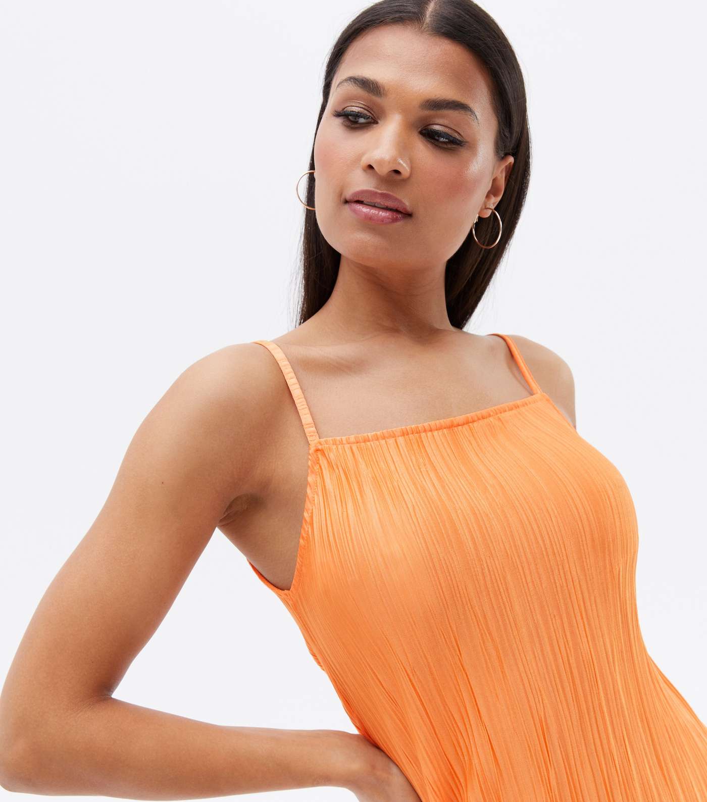 Bright Orange Pleated Satin Midi Slip Dress Image 3