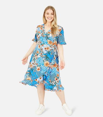 Yumi Curves Blue Floral Patchwork Midi Wrap Dress New Look