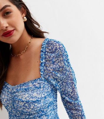 Blue Ditsy Floral Mesh Ruched Long Sleeve Crop Top | New Look