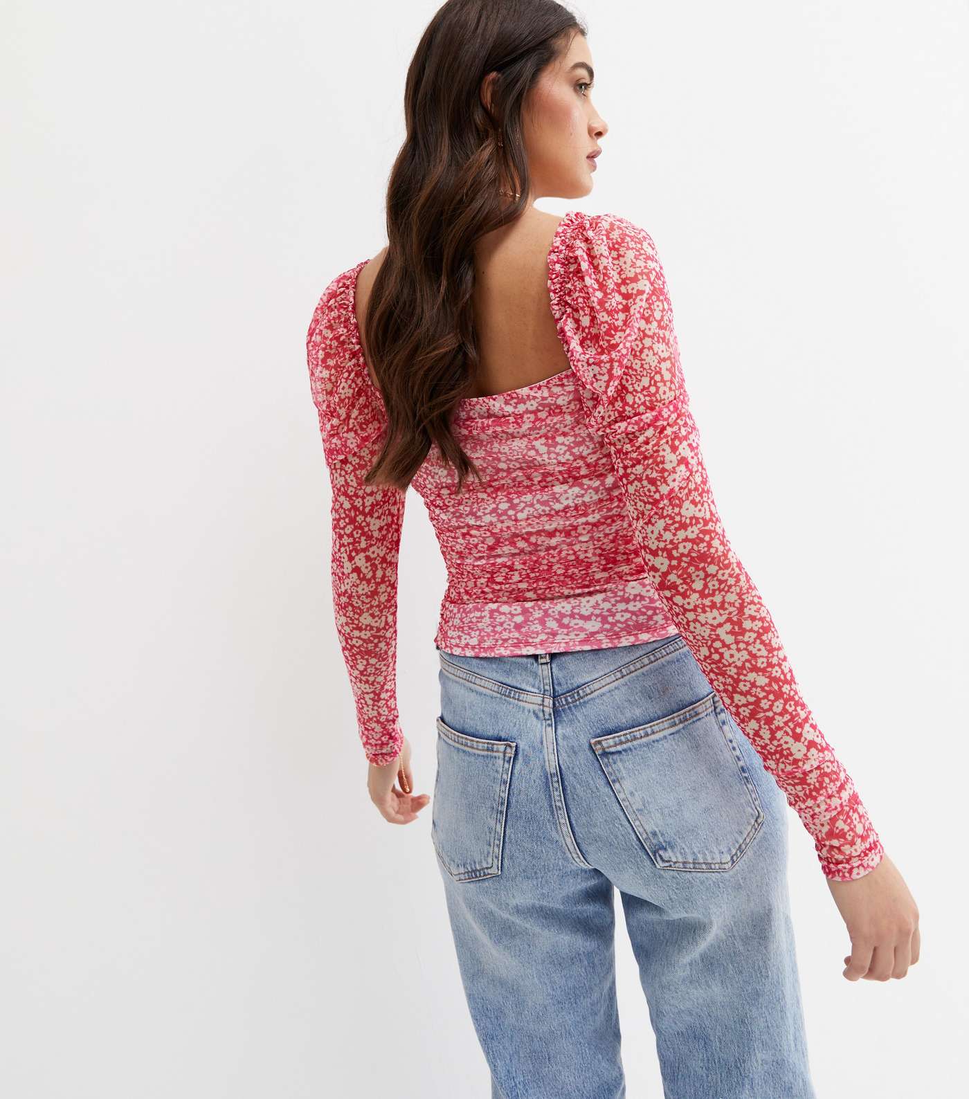 Pink Ditsy Floral Mesh Ruched Long Sleeve Crop Top Image 4