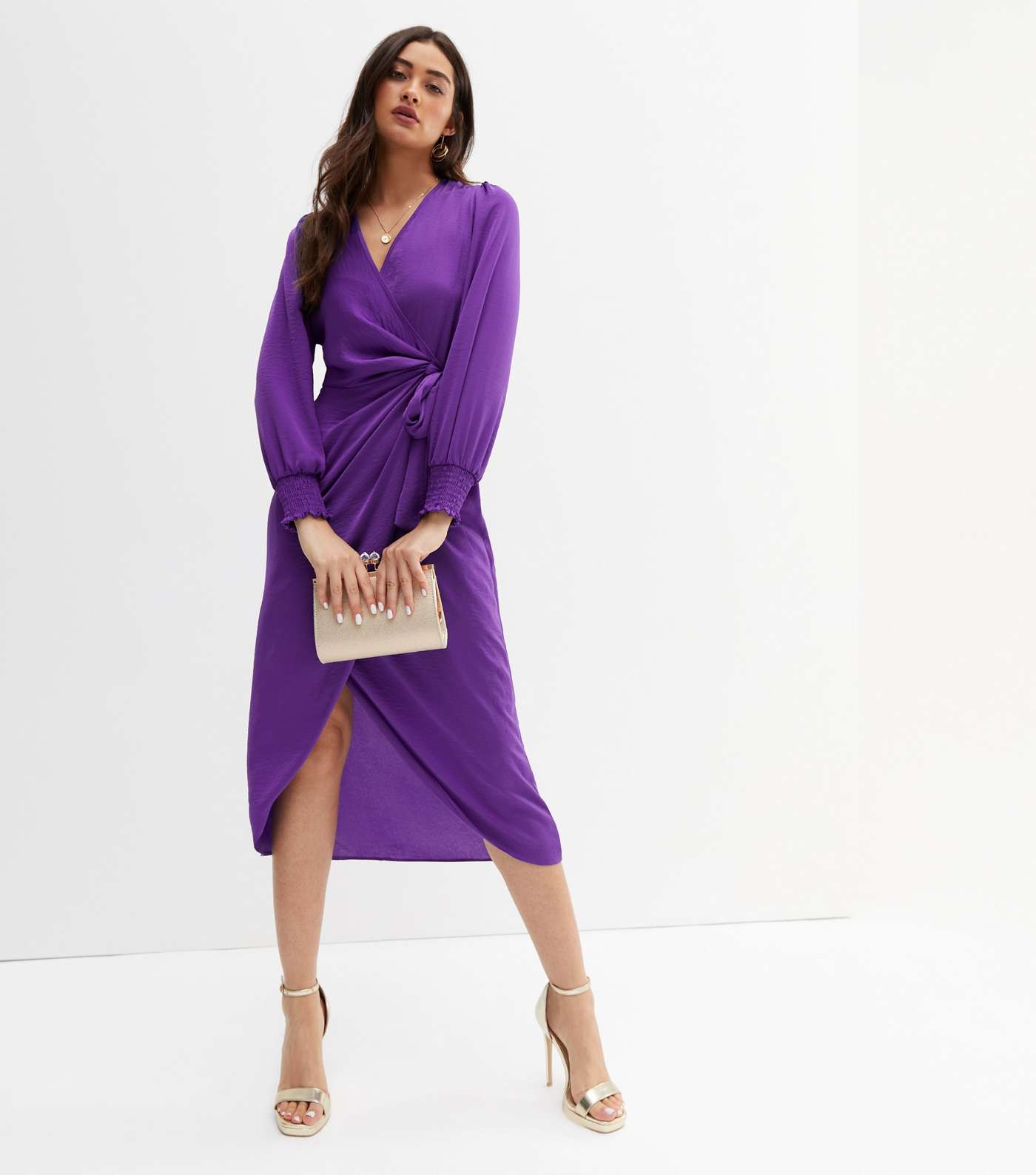 Purple Satin Long Puff Sleeve Midi Wrap Dress Image 3