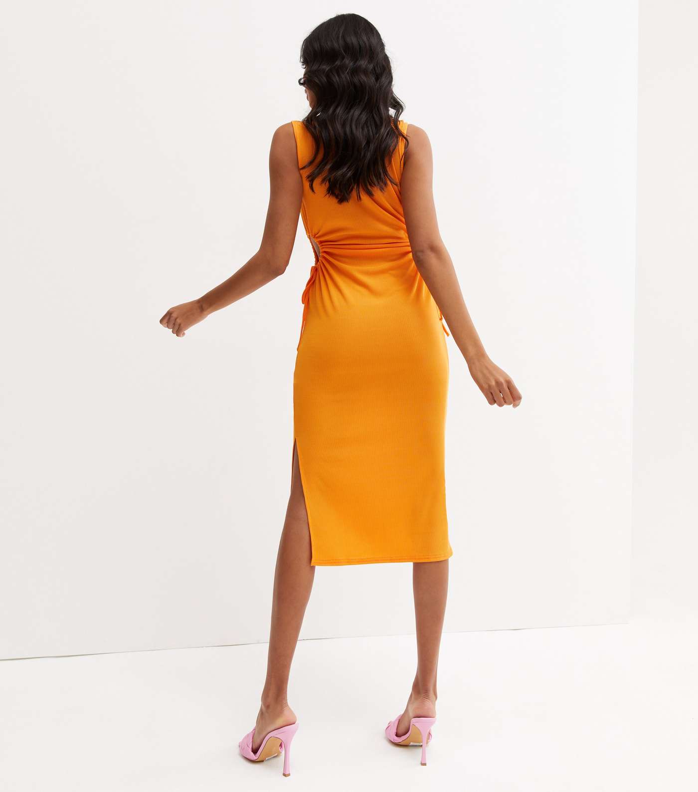 Bright Orange Ribbed Cut Out Side Midi Dress Image 4