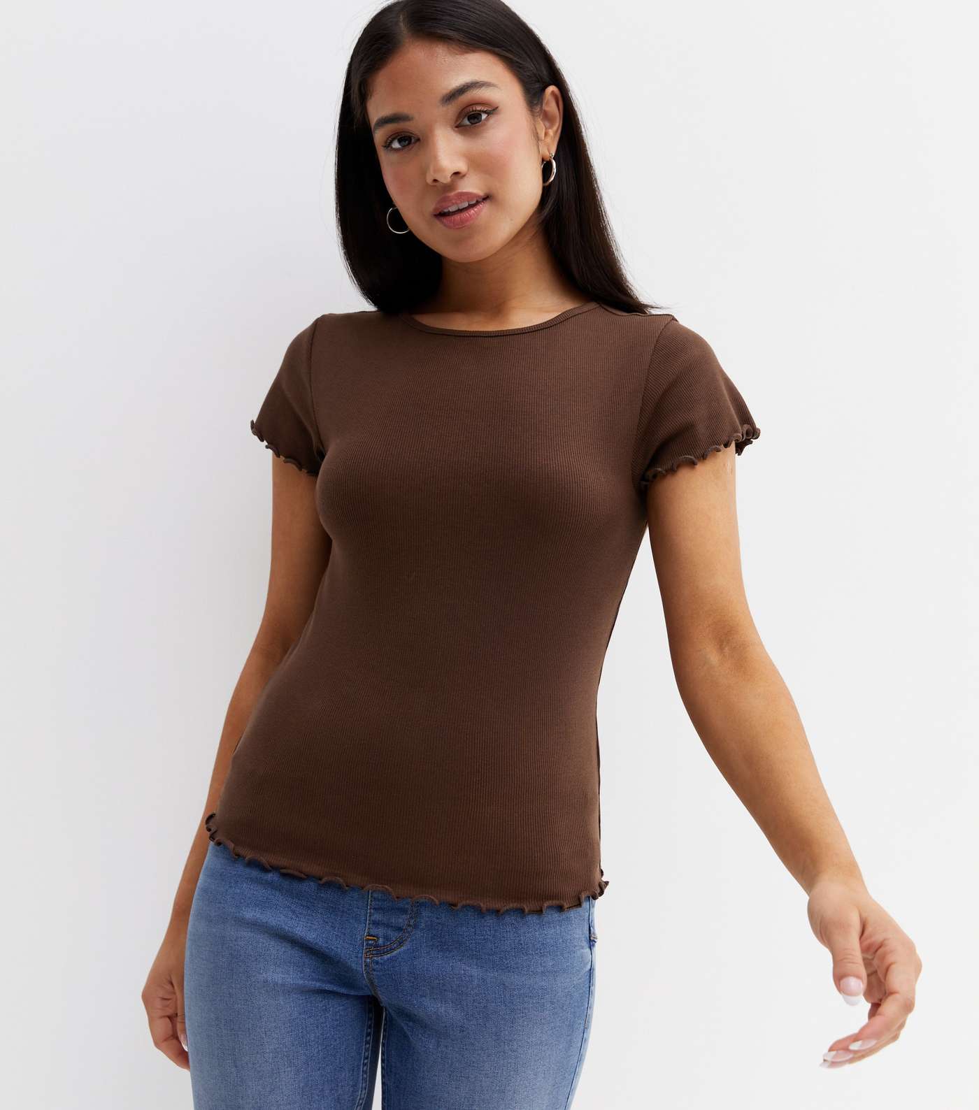 Petite Dark Brown Ribbed Frill T-Shirt Image 2
