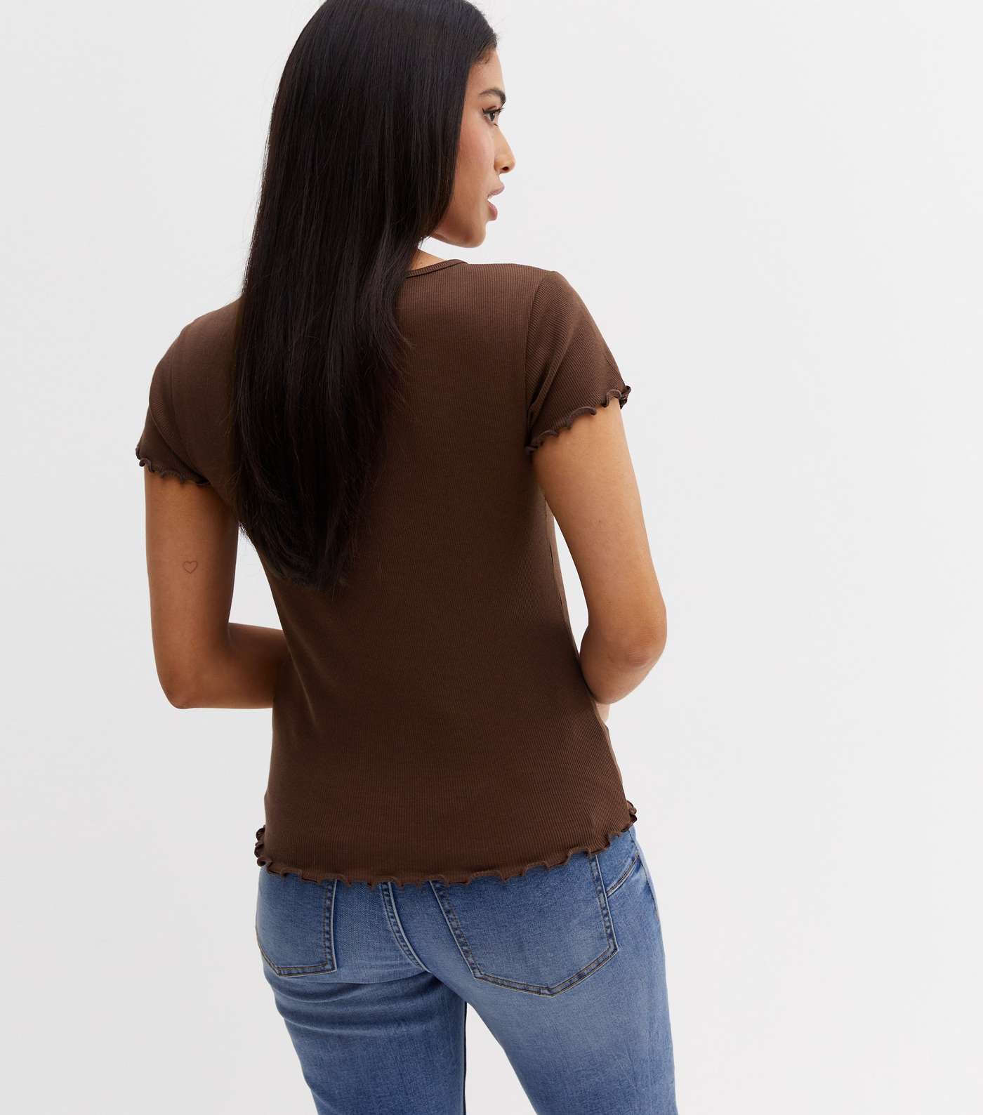 Petite Dark Brown Ribbed Frill T-Shirt Image 4