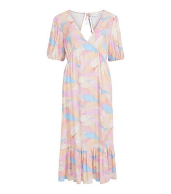 Vila Pink Abstract Open Back Tiered Midi Dress New Look