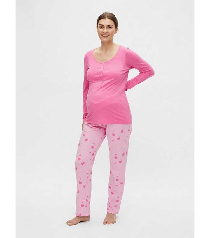 Mamalicious Maternity Pink Long Sleeve Pyjama Set with Heart Print