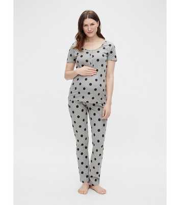 Mamalicious Maternity Pale Grey T-Shirt Pyjama Set with Spot Print