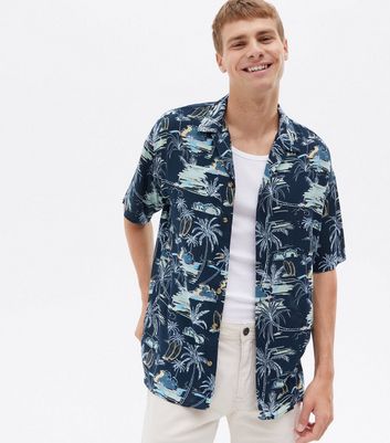 Jack & Jones Navy Palm Short Sleeve Shirt | New Look