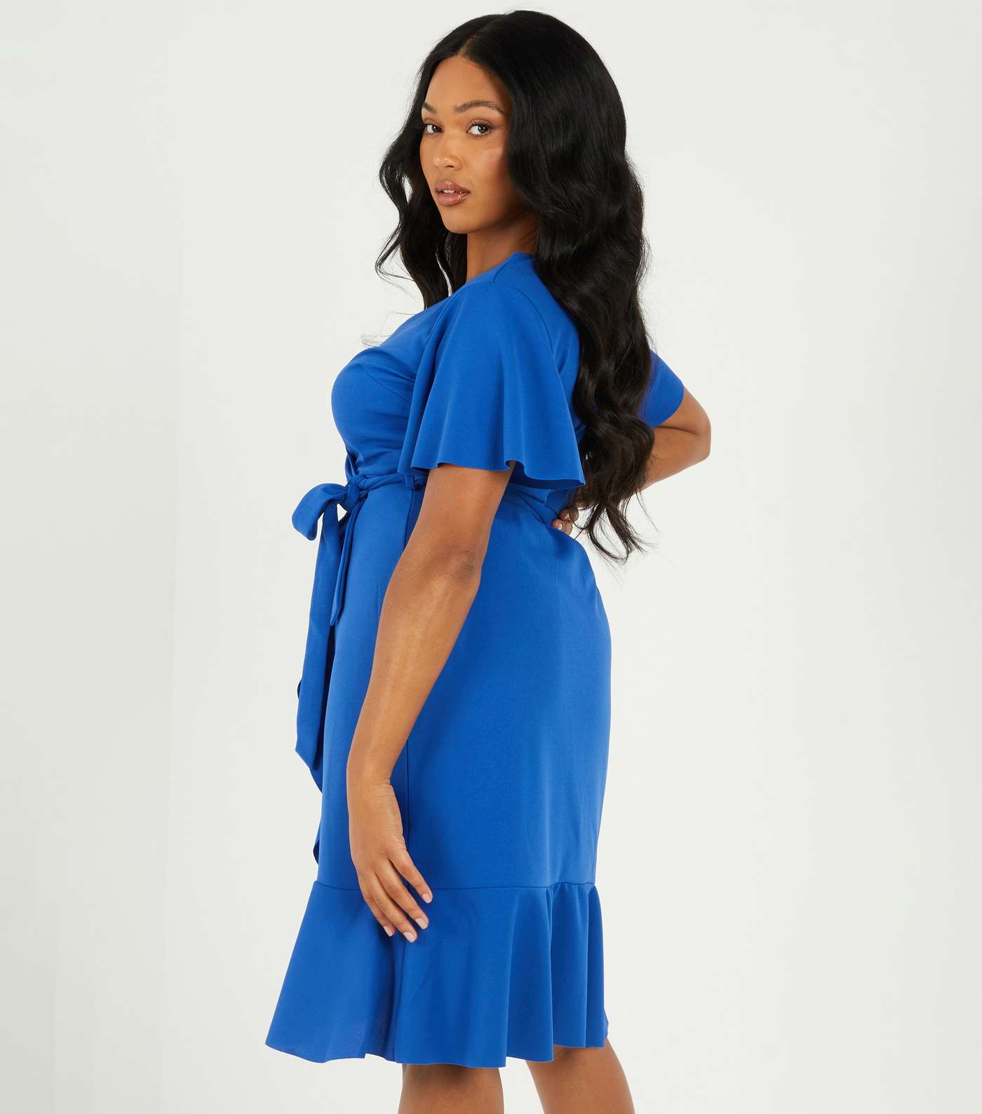 QUIZ Curves Bright Blue Frill Wrap Dress Image 3