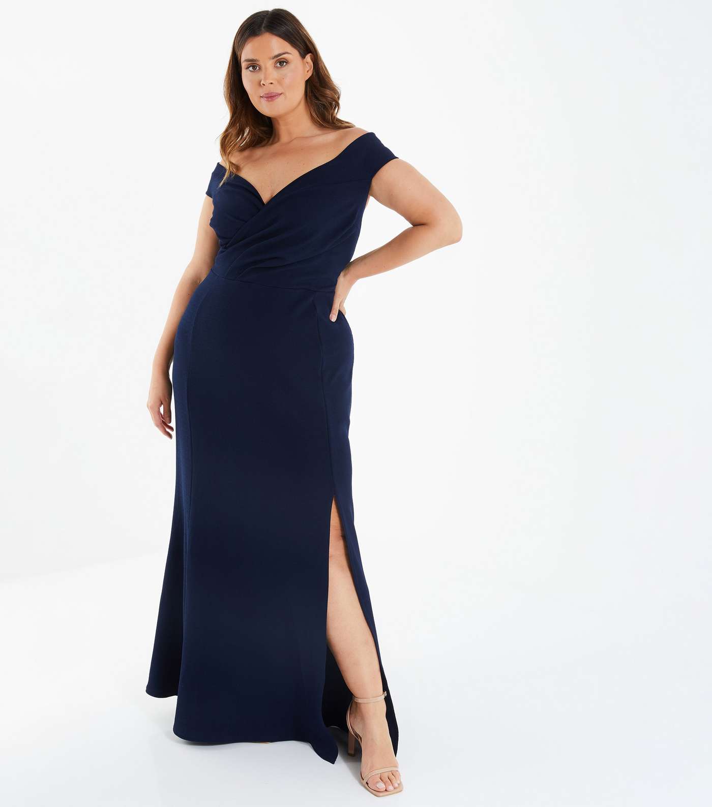 QUIZ Curves Navy Bardot Split Hem Maxi Wrap Dress