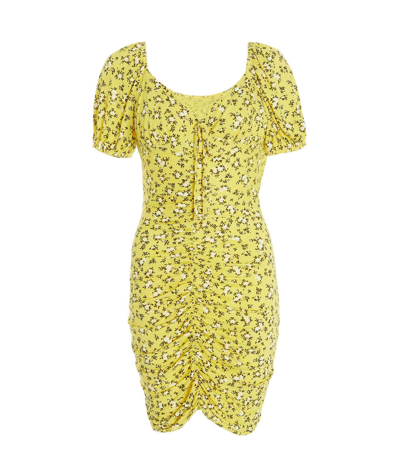 QUIZ Yellow Ditsy Floral Tie Front Bodycon Midi Dress Image 4