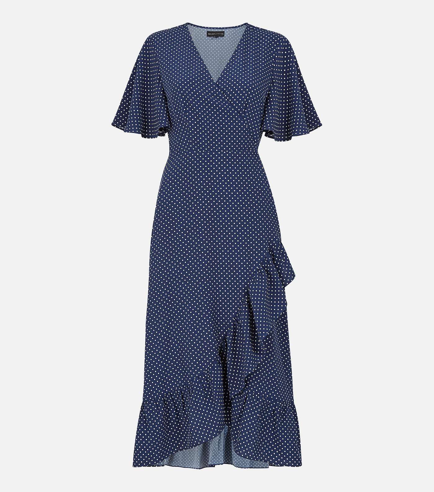 Mela Blue Spot Frill Midi Wrap Dress Image 4