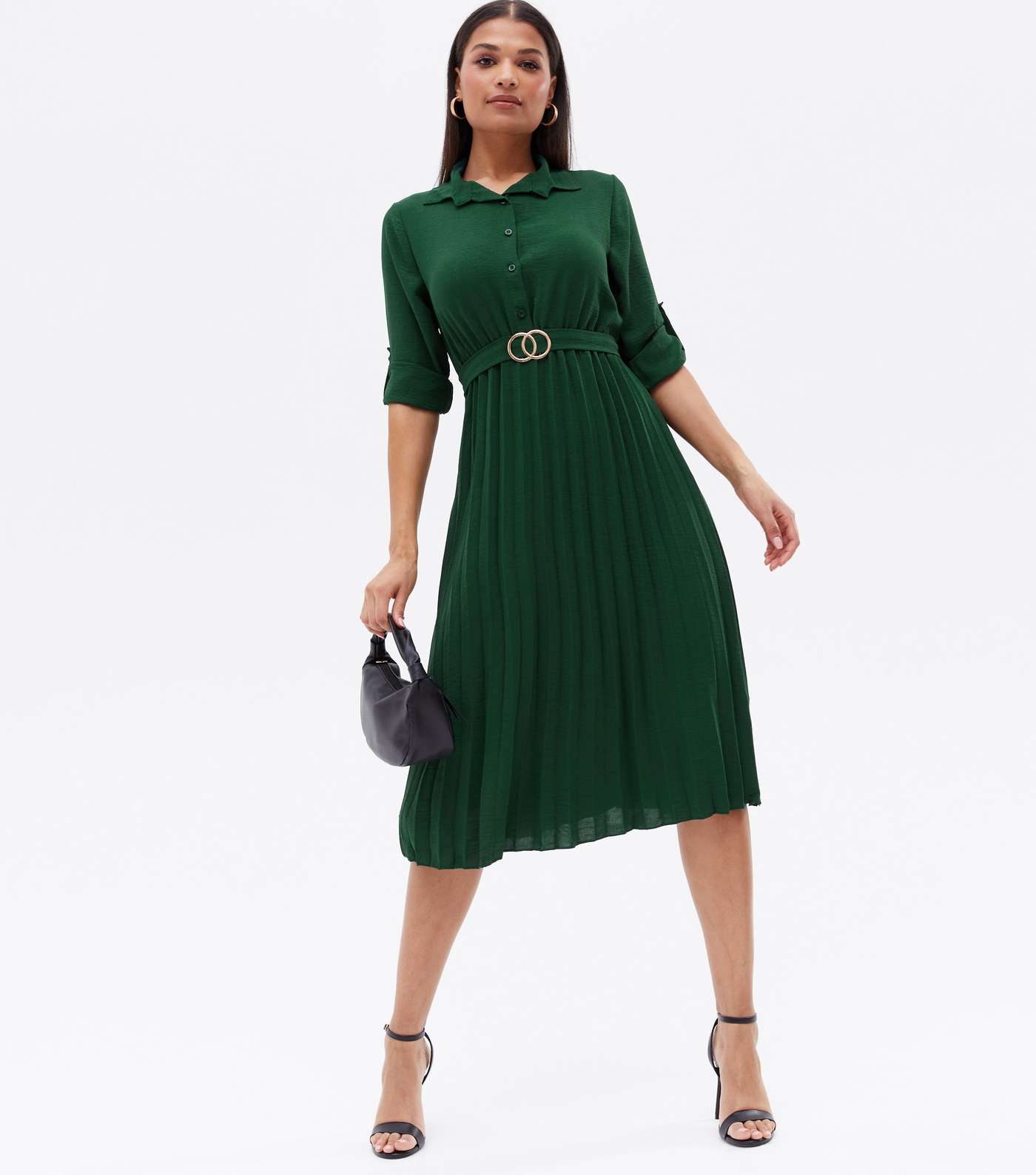 Mela Dark Green Pleated Belted Midi Shirt Dress Image 3