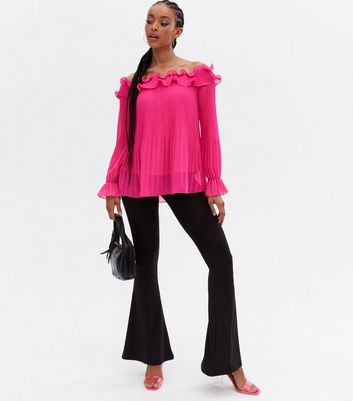 Bright Pink Plissé Frill Bardot Top New Look