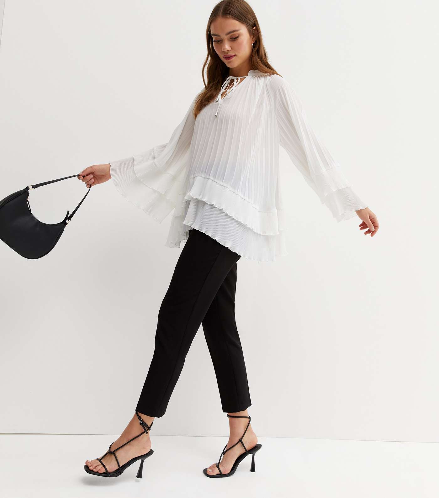 Off White Pleated Tie Neck Tiered Blouse Image 2