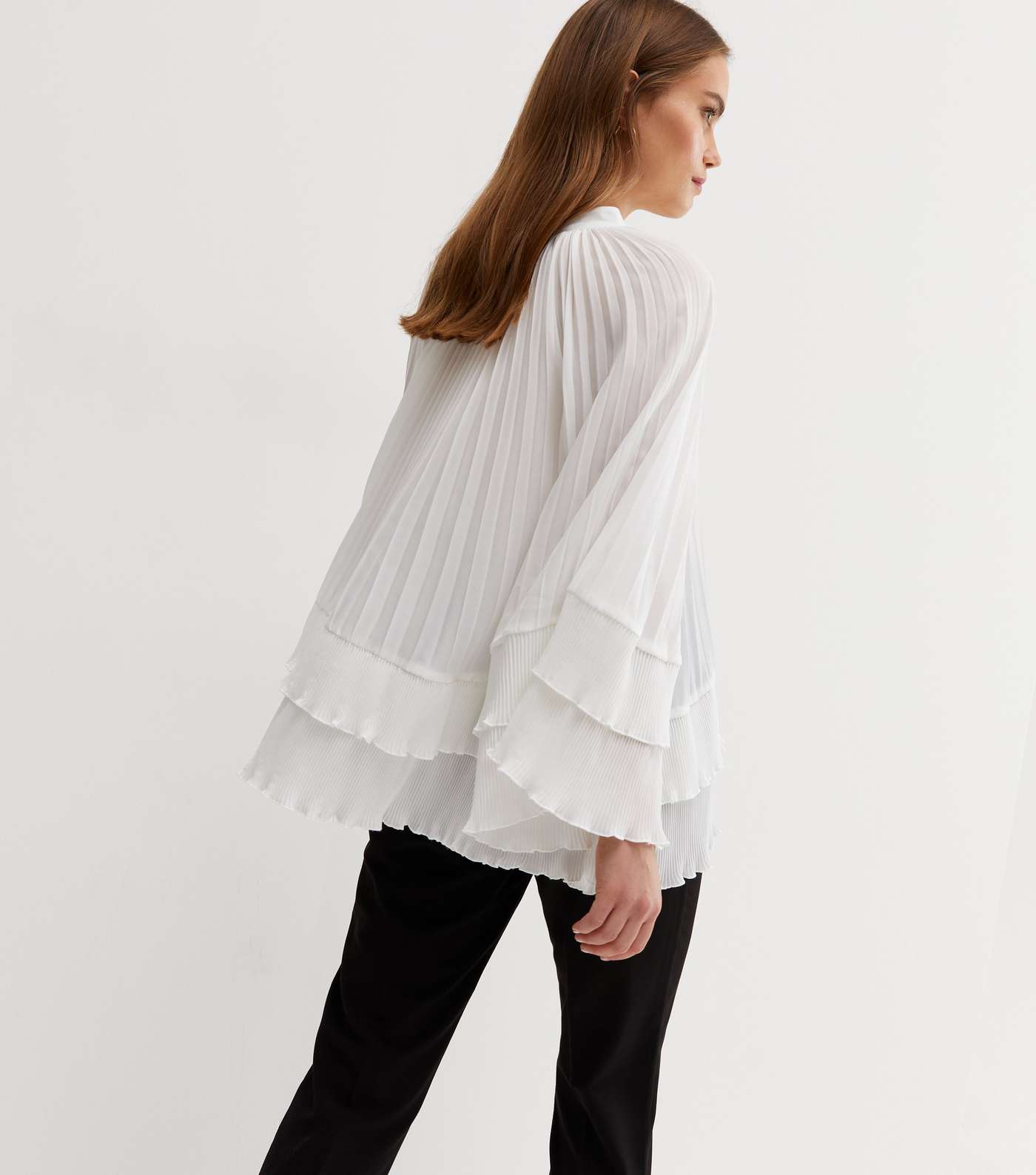 Off White Pleated Tie Neck Tiered Blouse Image 4