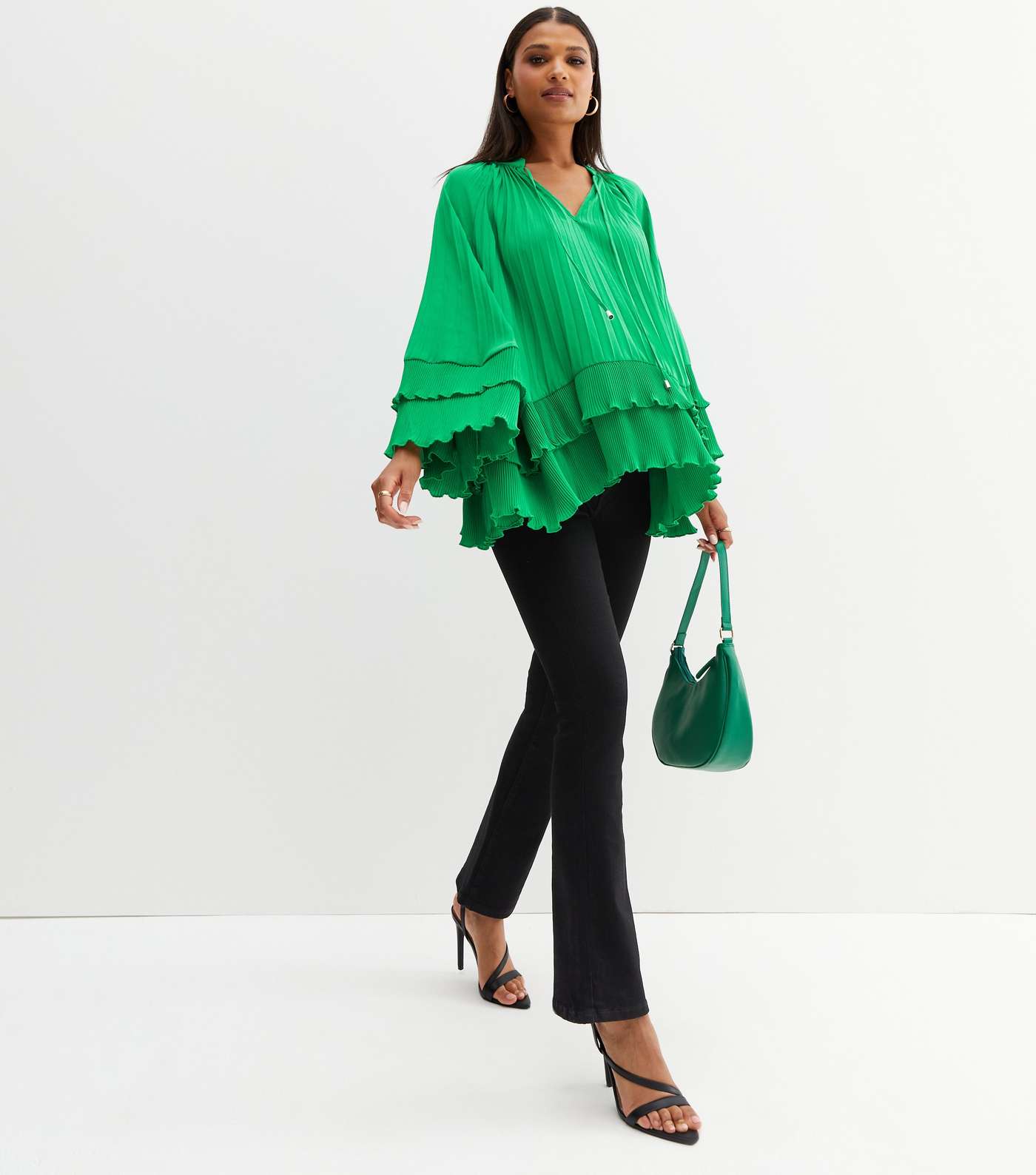 Green Pleated Tie Neck Tiered Blouse Image 2
