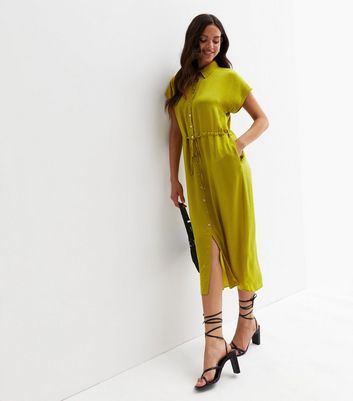 Light Green Satin Drawstring Midi Shirt Dress