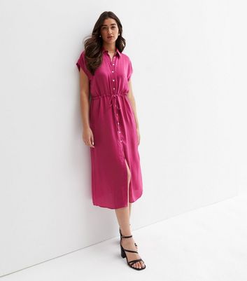 Bright Pink Satin Drawstring Midi Shirt Dress