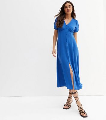 Blue V Neck Button Front Split Hem Midi Dress