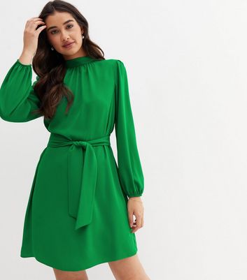 Green High Neck Long Puff Sleeve Tie 
