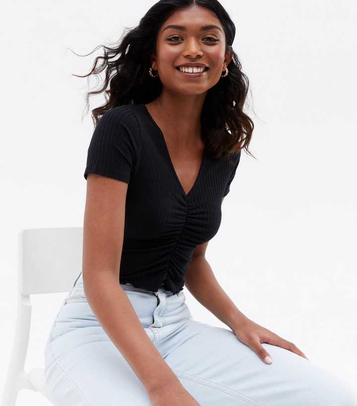 Black Ruched Frill Crop T-Shirt