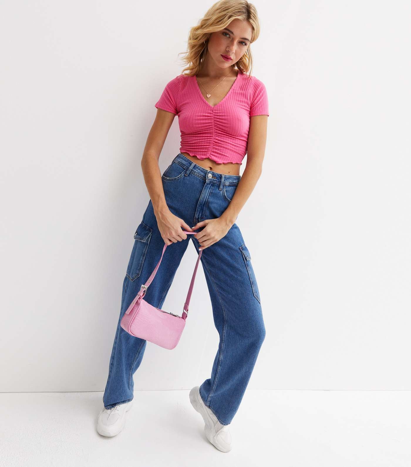 Bright Pink Ruched Frill Crop T-Shirt Image 3
