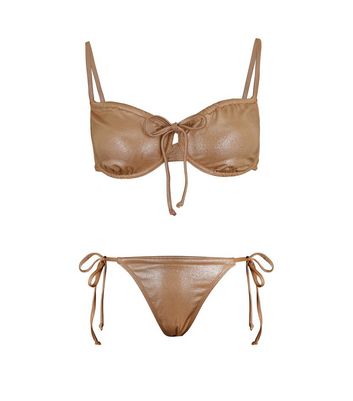 Damen Bekleidung South Beach Light Brown Metallic Underwired Bikini Top and Bottoms