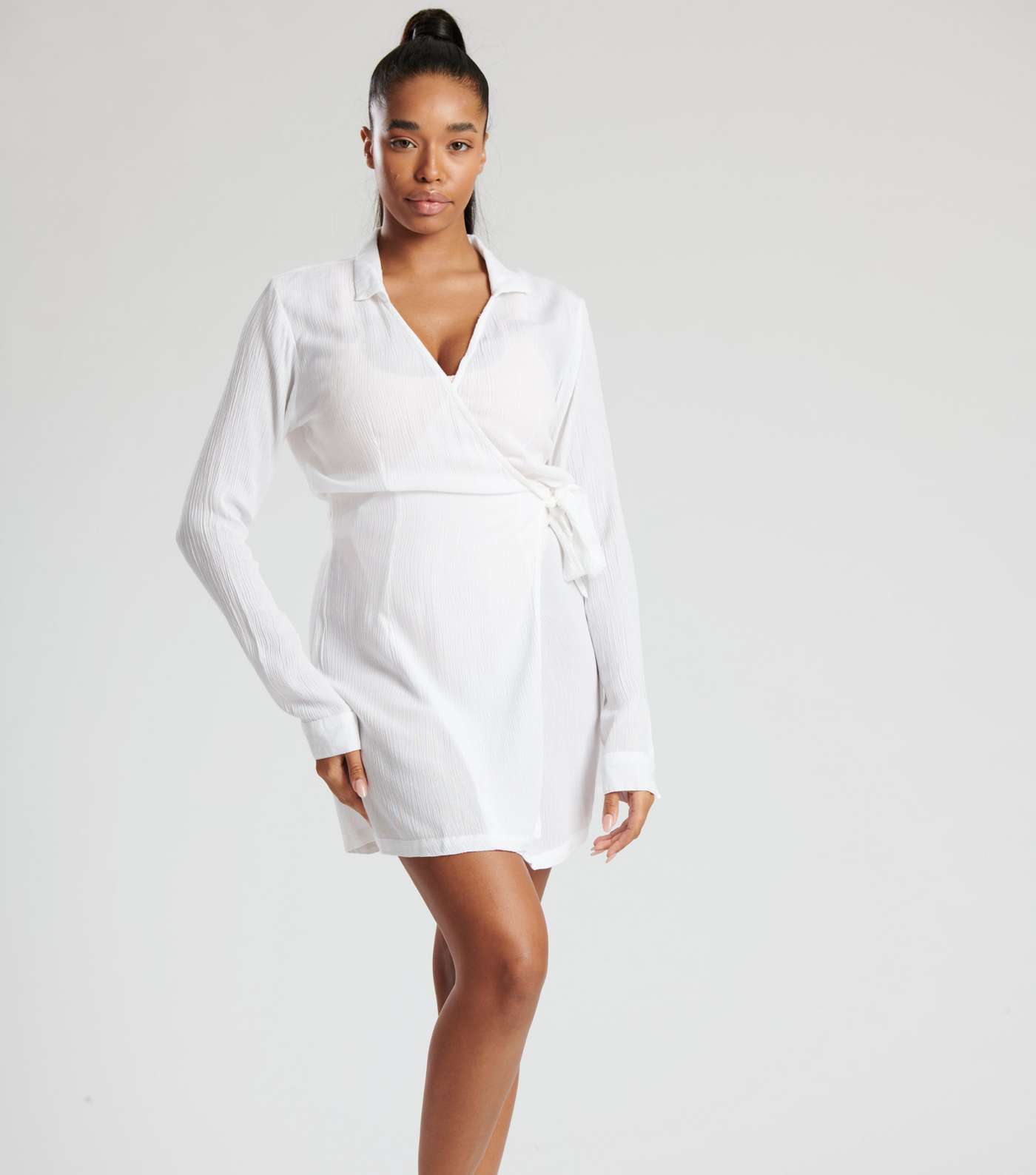 South Beach White Crinkle Wrap Shirt Dress Image 2