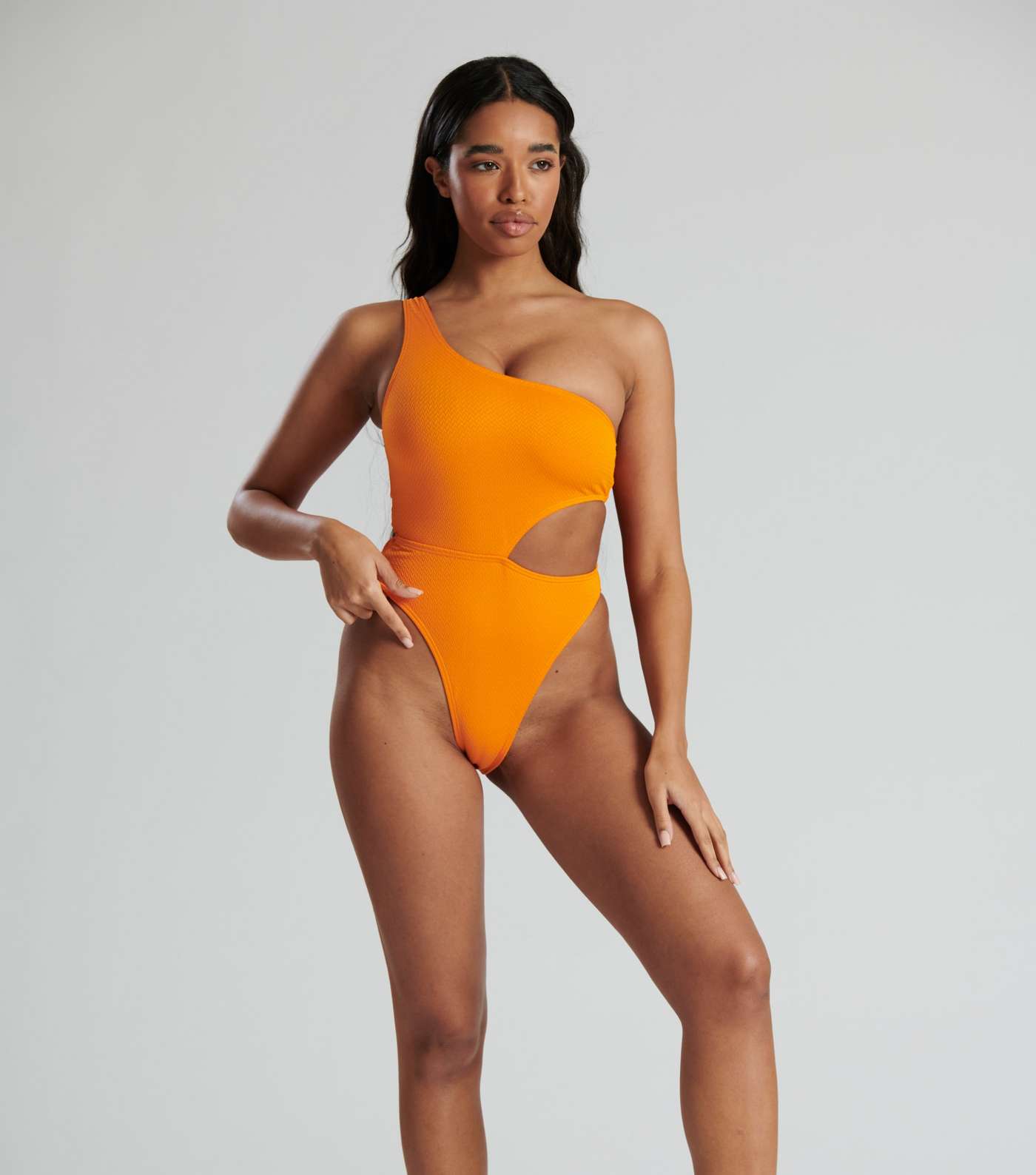 South Beach Bright Orange Textured Cut Out Swimsuit Image 2