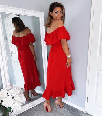 Red bardot frill hem clearance midi dress