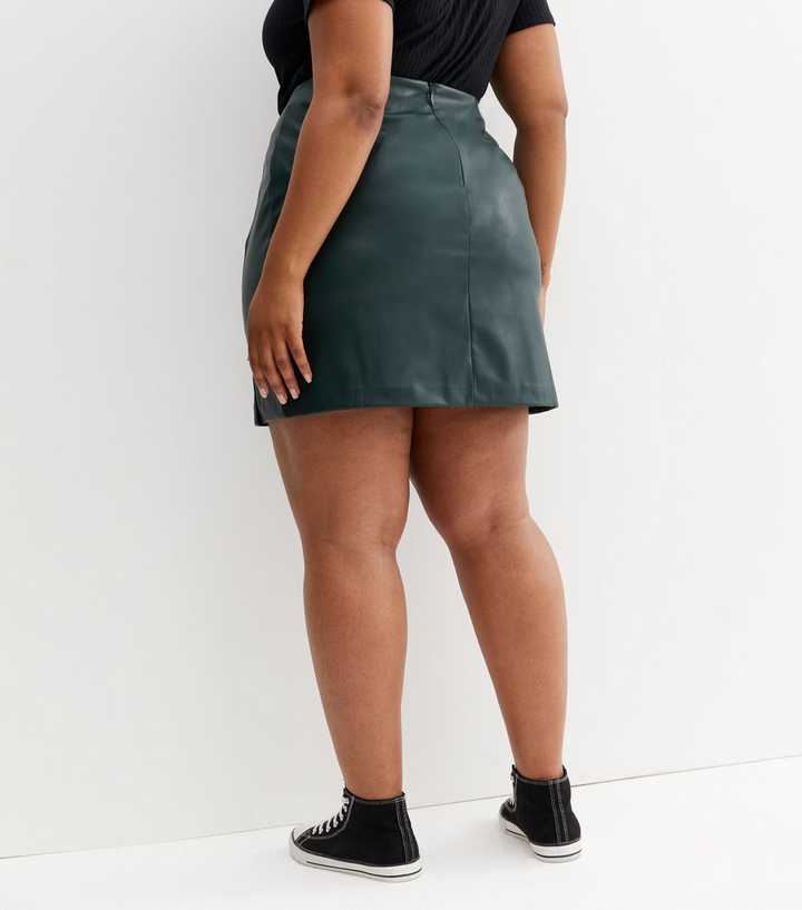Curves Dark Green Leather-Look Split Hem Mini Skirt