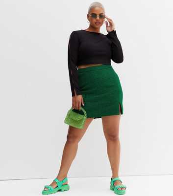 Curves Green Dogtooth Split Hem Mini Skirt