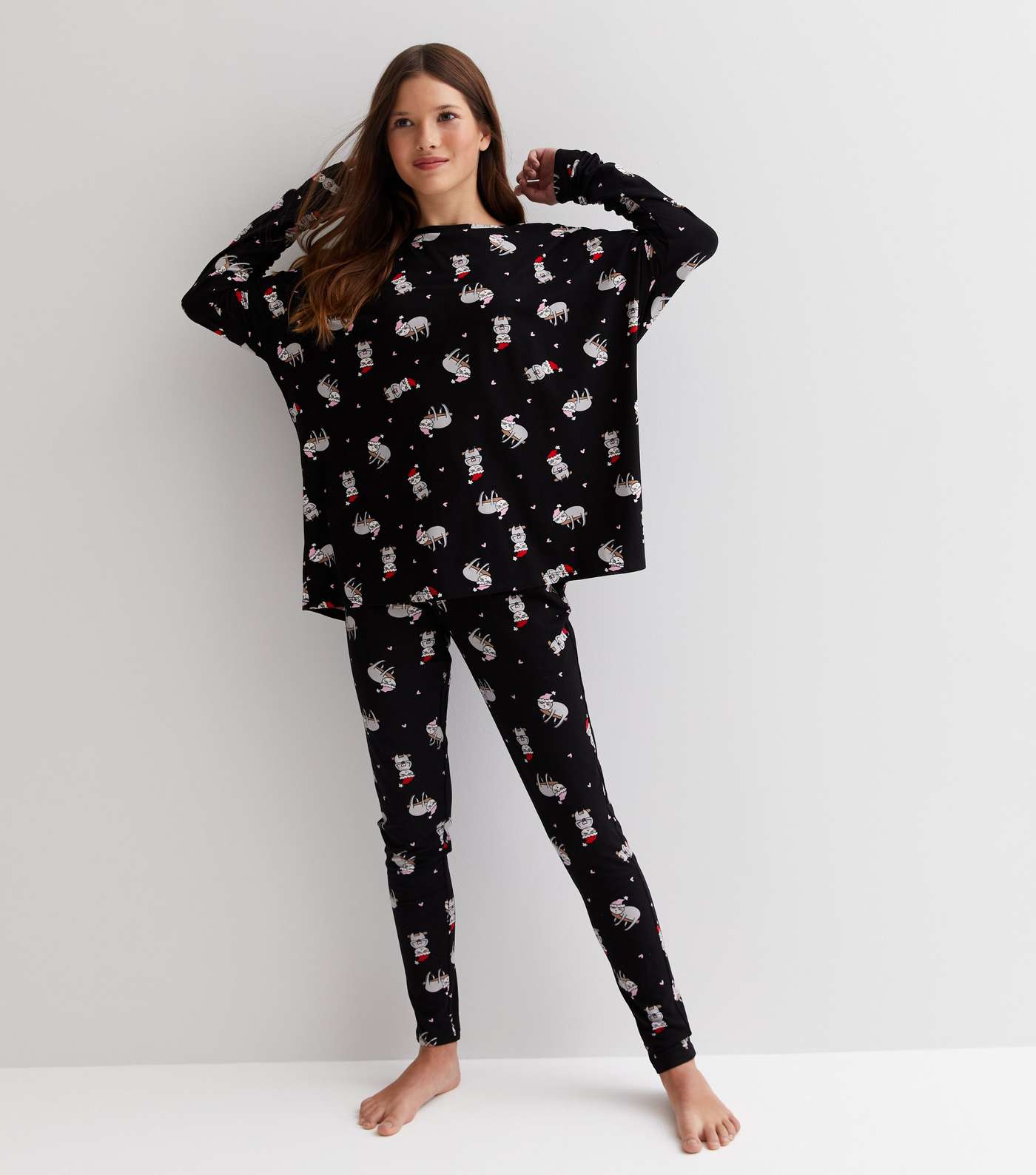 Girls Black Soft Touch Legging Pyjama Set with Christmas Sloth