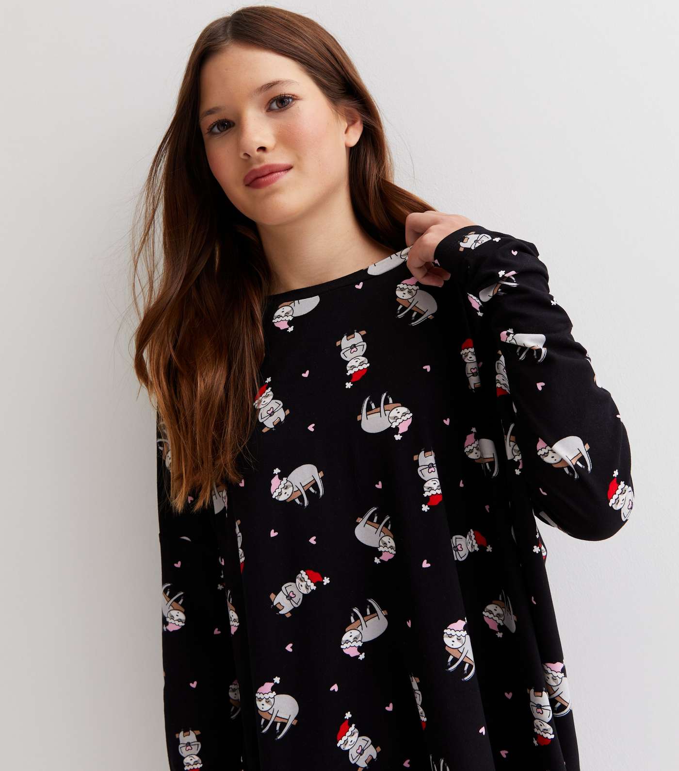 Girls Black Soft Touch Legging Pyjama Set with Christmas Sloth Image 3