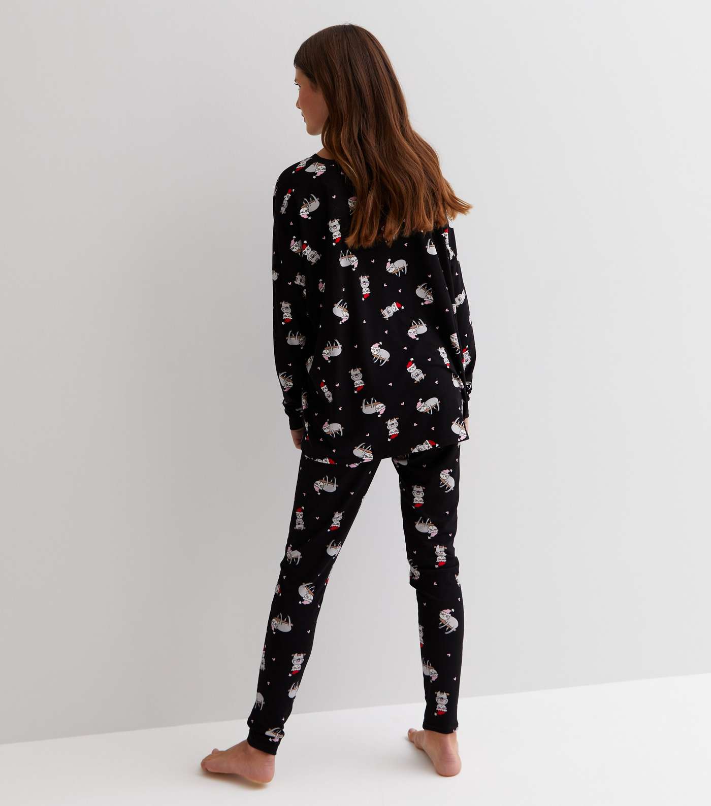 Girls Black Soft Touch Legging Pyjama Set with Christmas Sloth Image 5