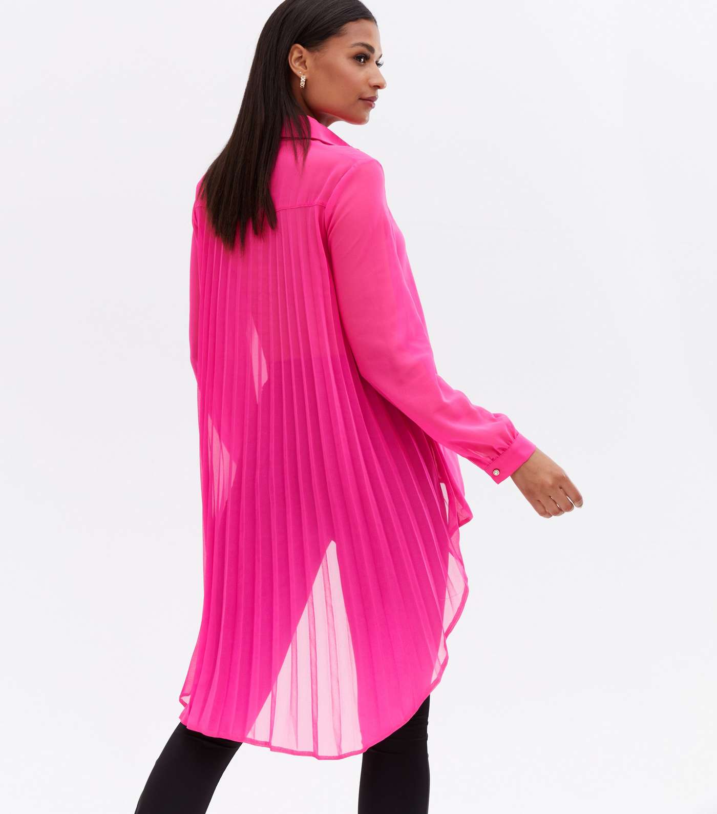 Bright Pink Pleated Back Long Dip Hem Shirt Image 4
