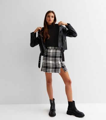 Black Check High Waist Split Hem Mini Skirt